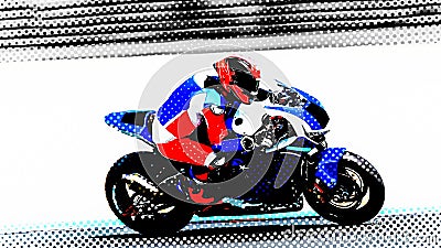 Red and blue racing motorbike pop art style Cartoon Illustration