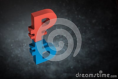 Red and Blue Russian Currency Symbol Ruble With Mirror Reflection on Dark Dusty Background Stock Photo