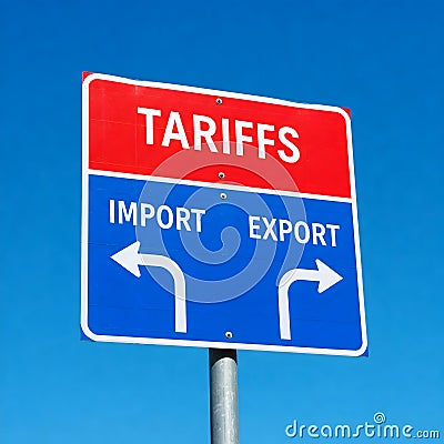 Red and blue sign displaying tariffs, import arrow and export arrow. Generative AI Stock Photo