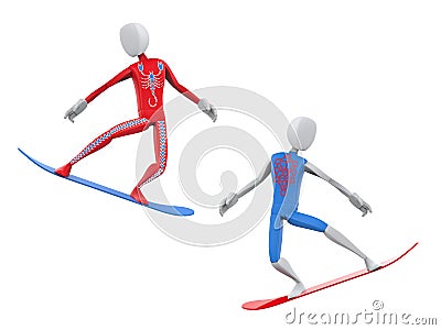 Red and blue snowboarders caught mid jump Stock Photo