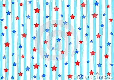 Red and Blue Stars Pattern in Background with Light Blue Watercolor Stripes Pattern Stock Photo