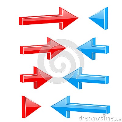 Red and blue straight arrows. Web 3d shiny icons Vector Illustration