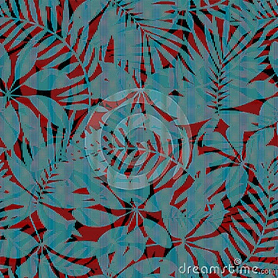 Red and blue striped tropical leaves seamless pattern Vector Illustration