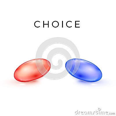 Red and blue transparent capsule drugs. Medical tablets in matrix style. Make a choice concept Vector Illustration