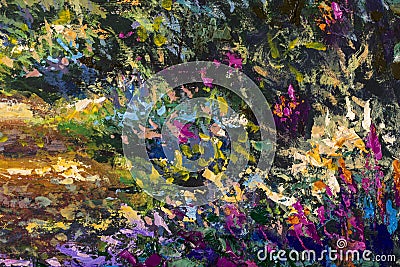 Red blue violet abstract flowers beautiful background - oil painting and palette knife floral landscape Cartoon Illustration