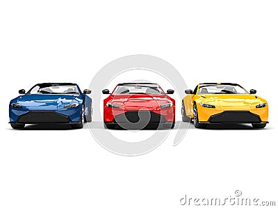 Red, blue and yellow modern electric sports cars parked side by side Stock Photo