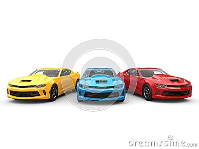 Red, blue and yellow modern fast cars - beauty shot Stock Photo
