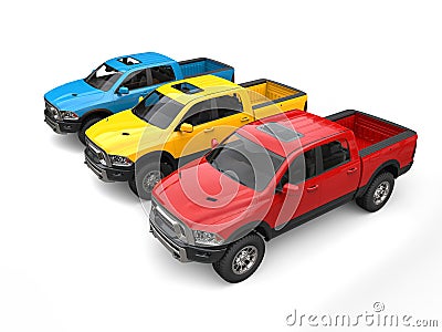 Red, blue and yellow modern pick-up trucks - top down view Stock Photo