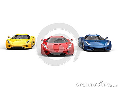 Red, blue and yellow super cars racing - front view Stock Photo