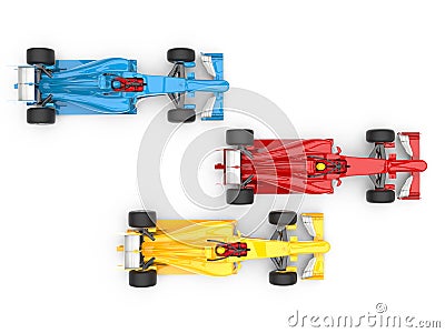 Red, blue and yellow super fast race cars - top view Stock Photo