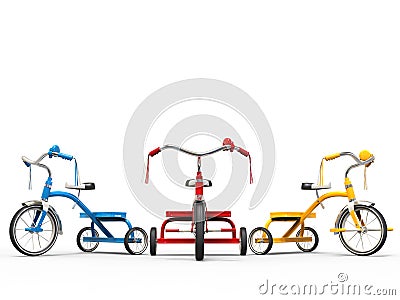 Red, blue and yellow tricycles Stock Photo