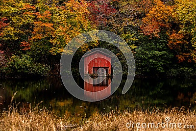 The Red Boat House at Desoto Falls in Fort Payne Stock Photo