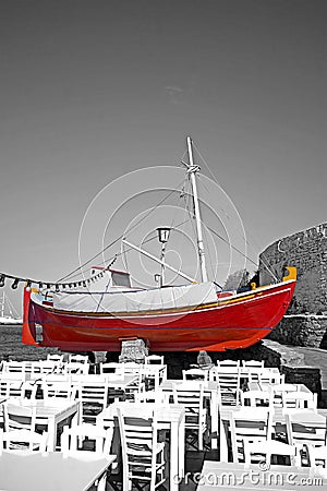 Red boat and terrace Stock Photo