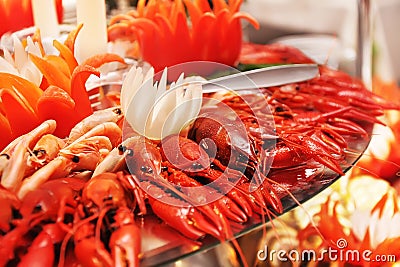 Red boiled lobster, crabs and crawfish on a plate Stock Photo