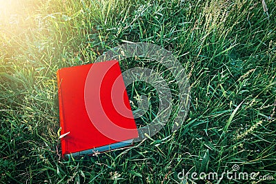 Red book on the green grass in sun rays at sunset. Old and vintage toning. Stock Photo