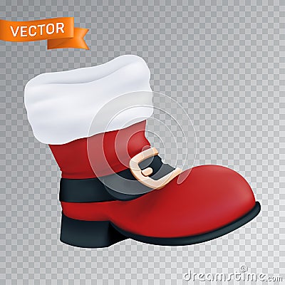 Red boot of Santa Claus with a white fur and a black belt with a golden buckle. Realistic vector illustration of an empty close up Vector Illustration