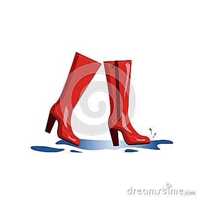 Red boots splashing through puddles Vector Illustration