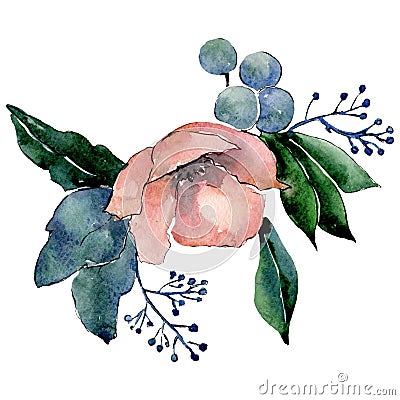 Red botanical flower. Isolated bouquet illustration element. Green leaf. Watercolor background set. Cartoon Illustration