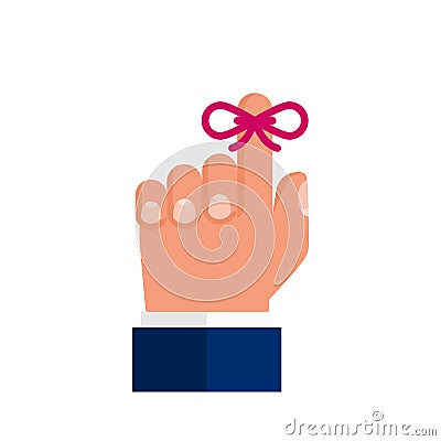 Red bow ribbon on hand on index finger. Reminder icon. Forefinger with red ribbon. Cartoon Illustration