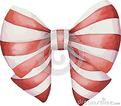 Red bow with white strips, watercolor vector illustration, christmas element. Vector Illustration