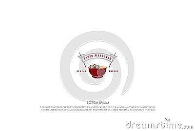Red Bowl Chopstick with Meatball and Noodle Asian Japanese Chinese Korean Oriental Food Restaurant Logo Design Vector Illustration