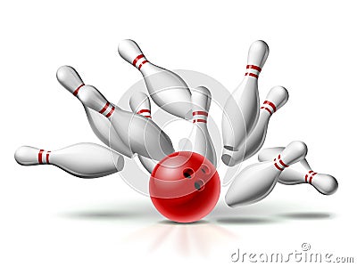 Red Bowling Ball crashing into the pins. Illustration of bowling strike isolated on white background. Vector Illustration