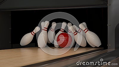 Red bowling strike ball on a wooden track with pins Stock Photo