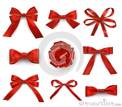 Red bows with single double multiple loops realistic set. Ribbons wide thin for holiday gifts Stock Photo