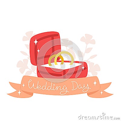 Red box with couple rings for wedding day Vector Illustration
