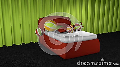 Red box spring on black carpet floor Stock Photo