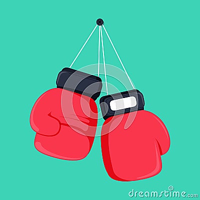 Red boxing gloves hanging on nail of wall, flat design icon Vector Illustration