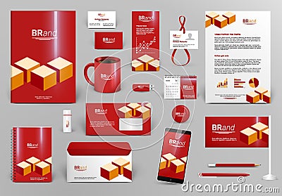 Red branding design kit with bricks Vector Illustration