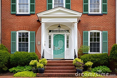 red brick colonial house with a green central front door Stock Photo