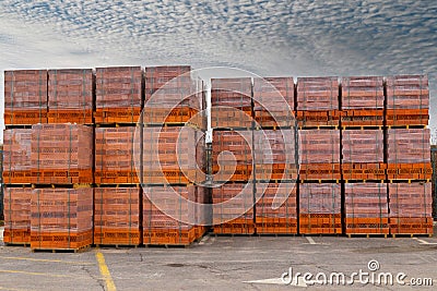 Red brick packed in stacks are stored on ground outdoors at a hardware store warehouse. Building bricks on pallets on an outdoor. Stock Photo