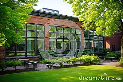 red brick single-room occupancy building with green surroundings Stock Photo