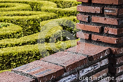 Red brick wall and green garden background abstraction contrast Stock Photo