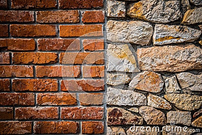 Red brick wall and stone wall background Stock Photo