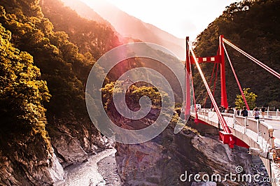 Red bridge, River and mountain at Toroko Gorge, Hualien, Taiwan Stock Photo