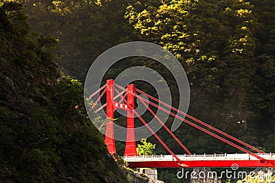 Red bridge, River and mountain at Toroko Gorge, Hualien, Taiwan Stock Photo