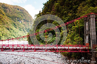 Red bridge, River and mountain at Toroko Gorge, Hualien, Taiwan Stock Photo