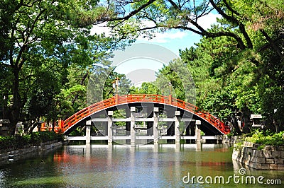 Red bridge at Sumiyoshi Taisha Stock Photo