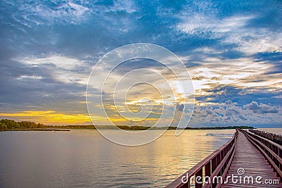 The red bridge and sun up or sun set on horizon. Stock Photo