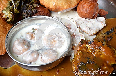 The red brown color bread with vegetable and yoghourt food in the mattel plate Stock Photo