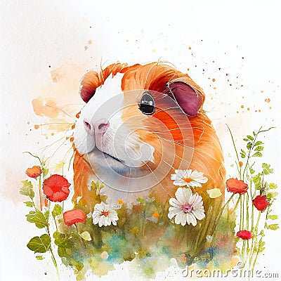 A red-brown guinea pig sits on a chamomile field. Funny guinea pig watercolor. Stock Photo