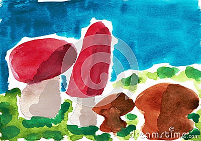 Red and Brown Mushrooms Water Color Painting Stock Photo