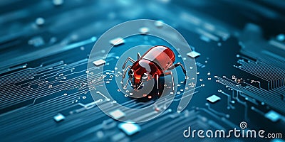 Red bug on circuit board highlighting cybersecurity and tech vulnerabilities Stock Photo