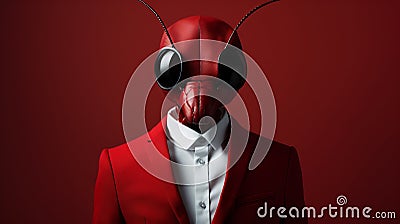 Bug Man: A Monochromatic Minimalist Portrait In Red Suit Cartoon Illustration