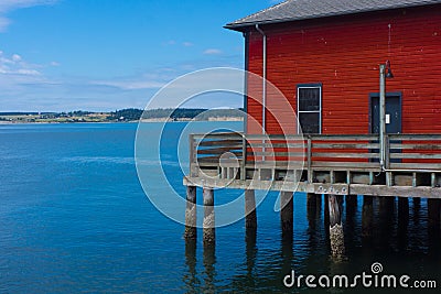 Red Building on Coupeville Pier Stock Photo