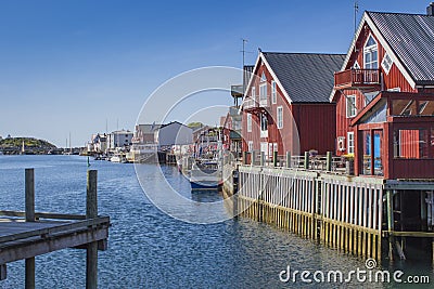 Red buildings near water Stock Photo