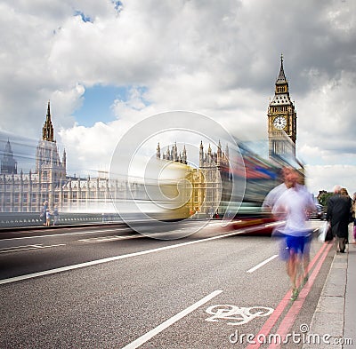 Red Bus crossing Westminster Bridge Stock Photo